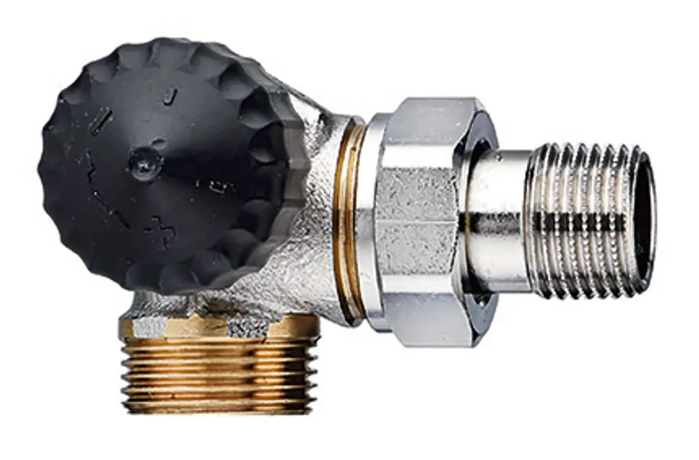 Thermostatventil mit schwarzem Regelknopf und metallischem Gewindeanschluss, hergestellt von IMI Hydronic Engineering.